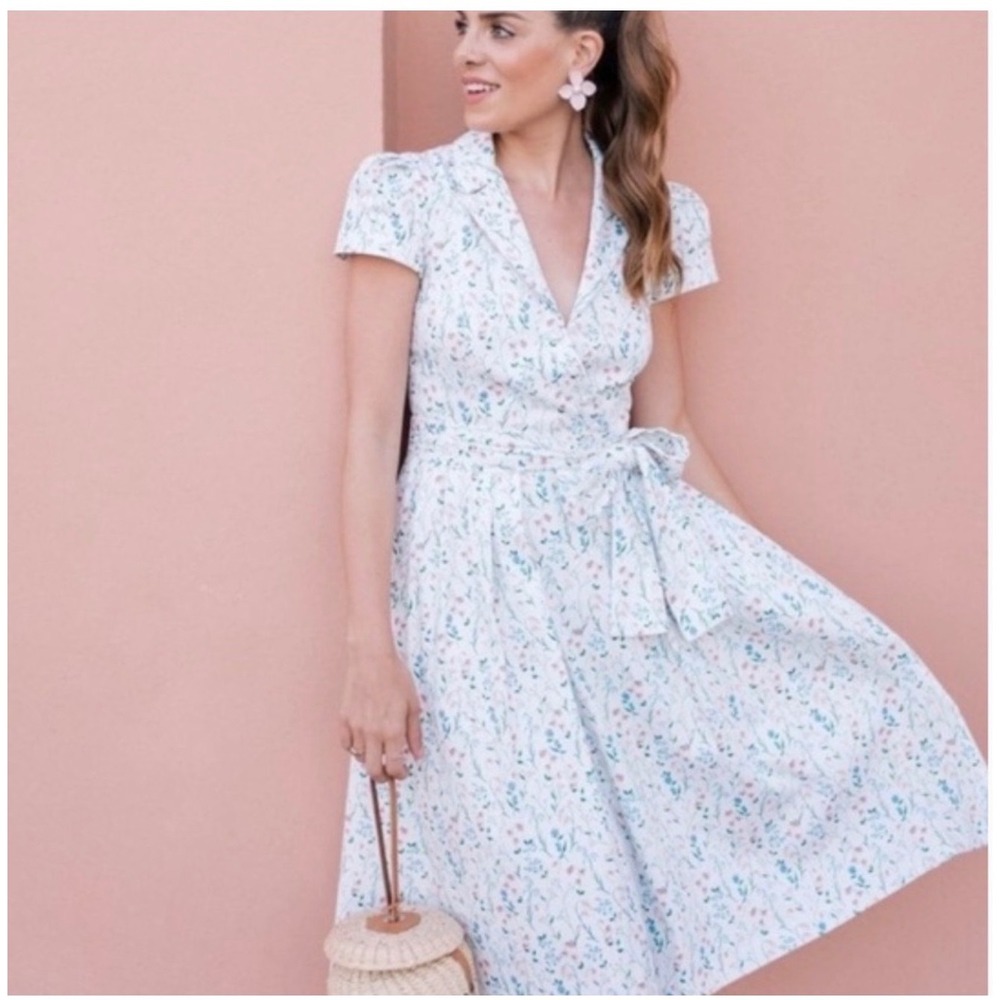 Gal Meets Glam Collection Floral Tie Waist Midi Dress White Pink Blue Size 2